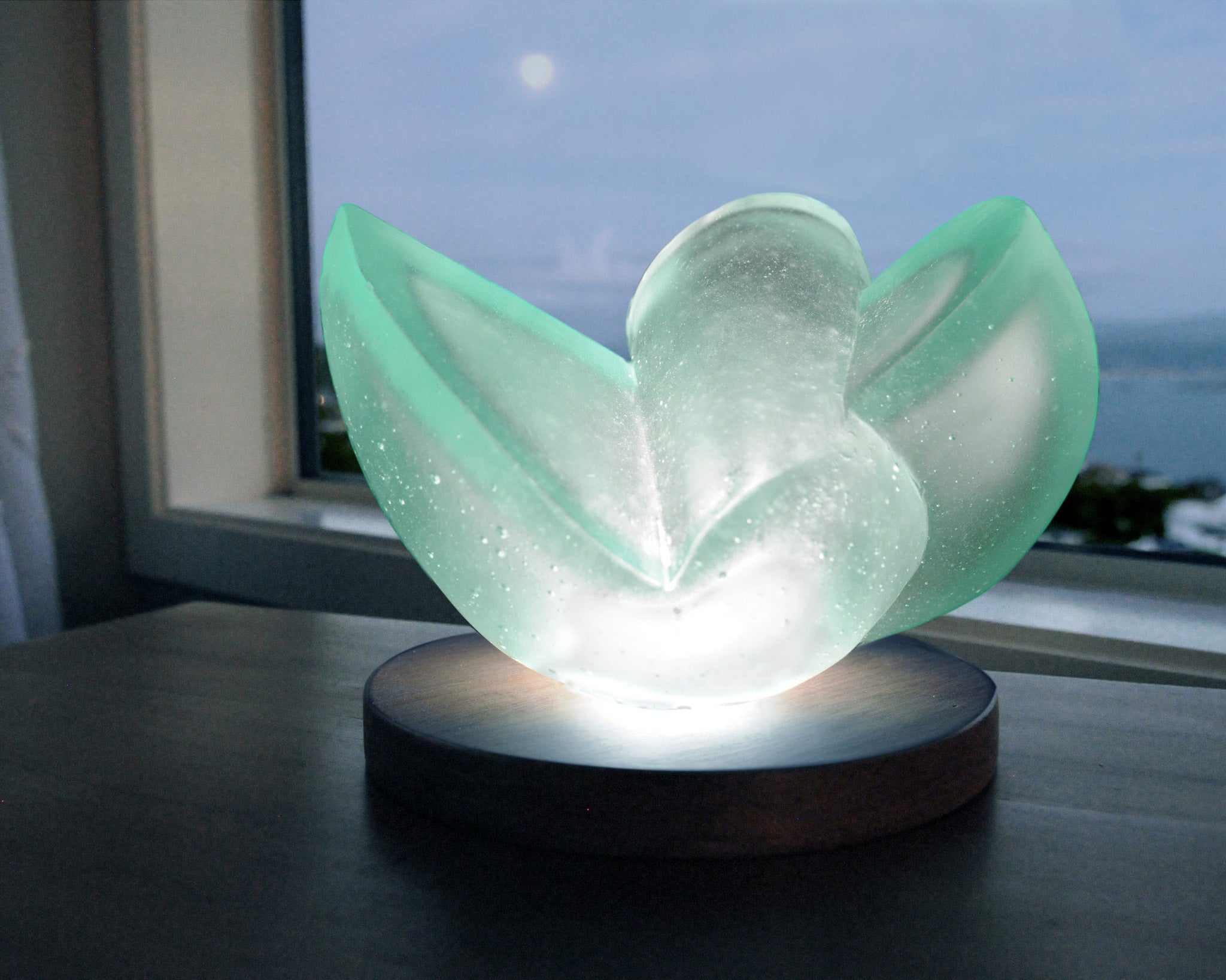 Abstract minimalist cast glass sculpture with light for sale by Stephen Williams.